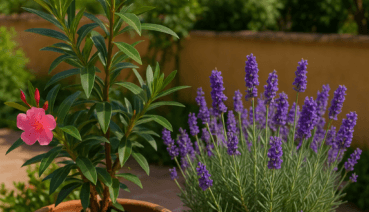 Zierpflanzen im Topf: Oleander und Lavendel auf Terrasse