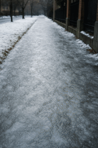 Ein vereister Gehweg in einer winterlichen Landschaft