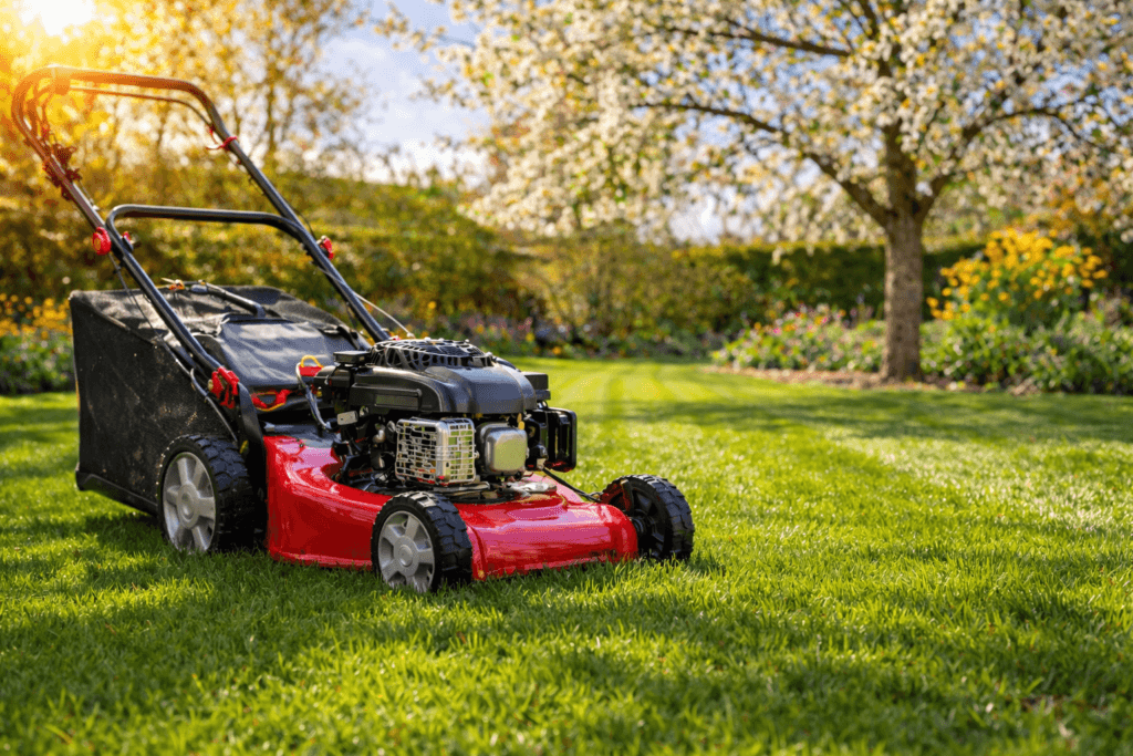 Rasen im Frühjahr richtig pflegen – erster Rasenschnitt mit Rasenmäher im Garten