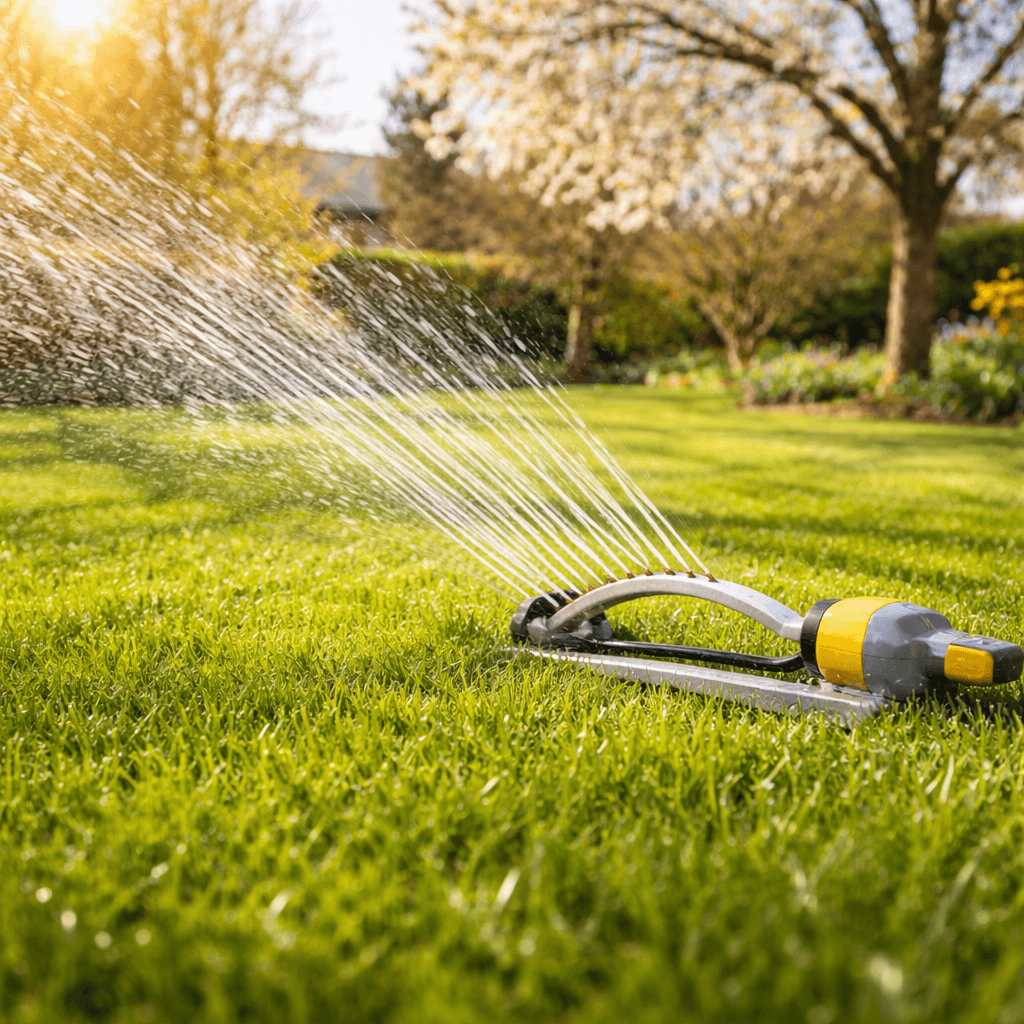 Rasenpflege im Frühjahr – Bewässerung des Rasens mit Gartensprenger für gesundes Wachstum