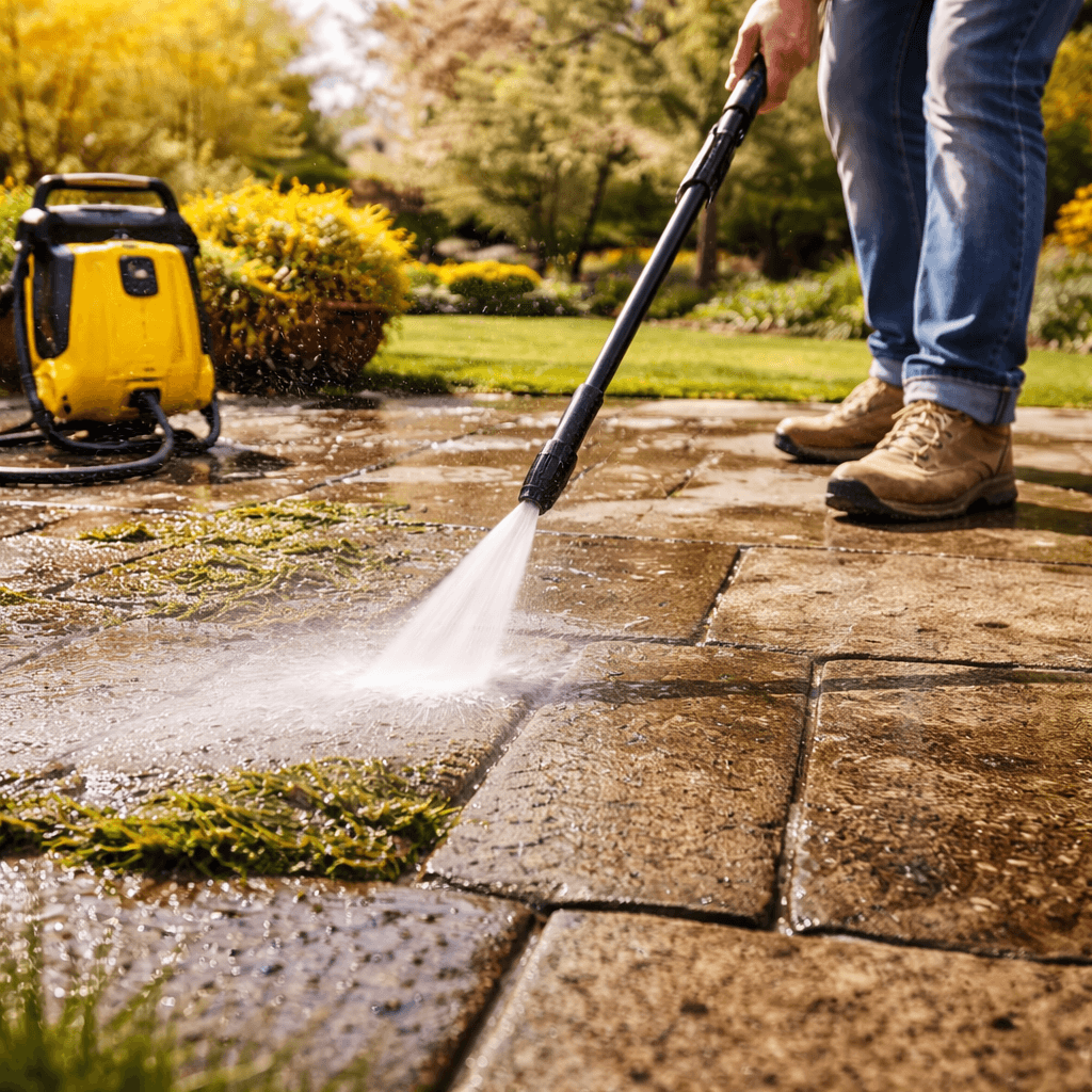 Terrasse reinigen und pflegen – Reinigung einer Steinterrasse mit Hochdruckreiniger im Garten