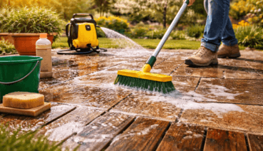Terrasse reinigen und pflegen – Reinigung von Holz- und Steinterrasse mit Bürste und Hochdruckreiniger im Garten