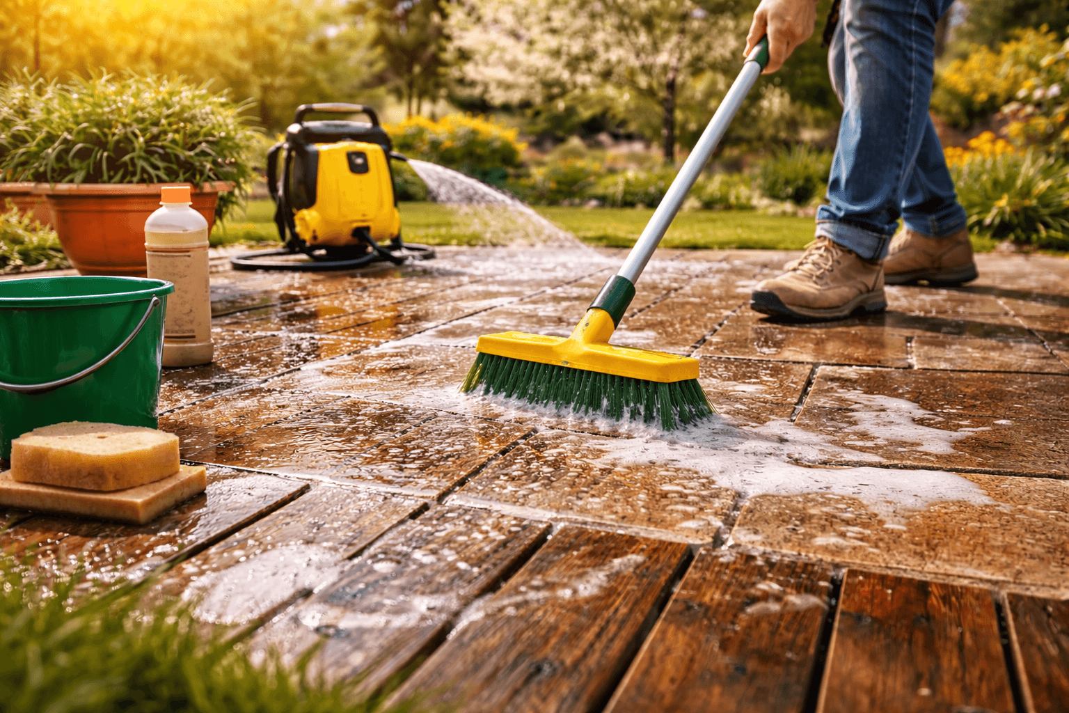 Terrasse reinigen und pflegen – die besten Methoden für Holz, Stein & WPC