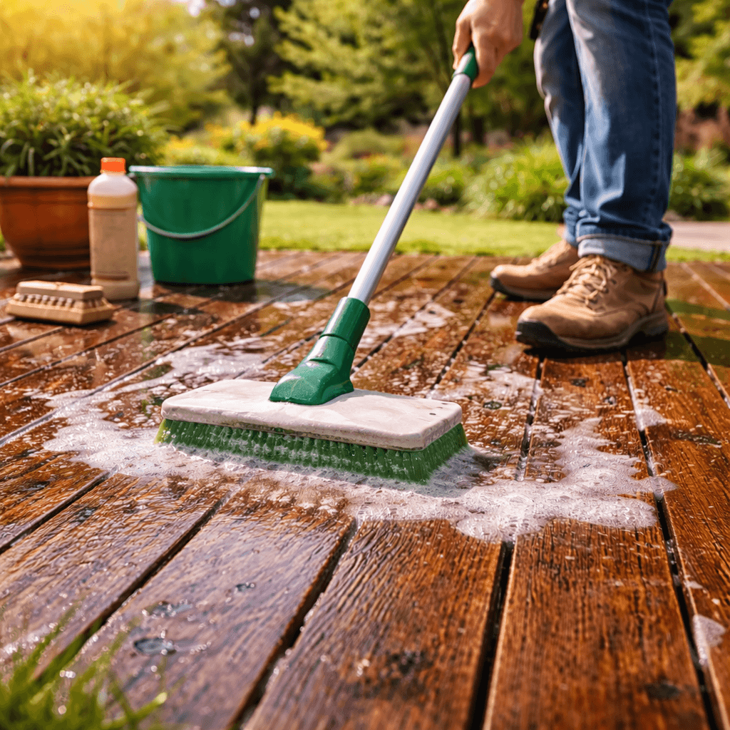 Terrasse reinigen und pflegen – Reinigung einer Holz Terrasse mit Wasser und Bürste im Garten