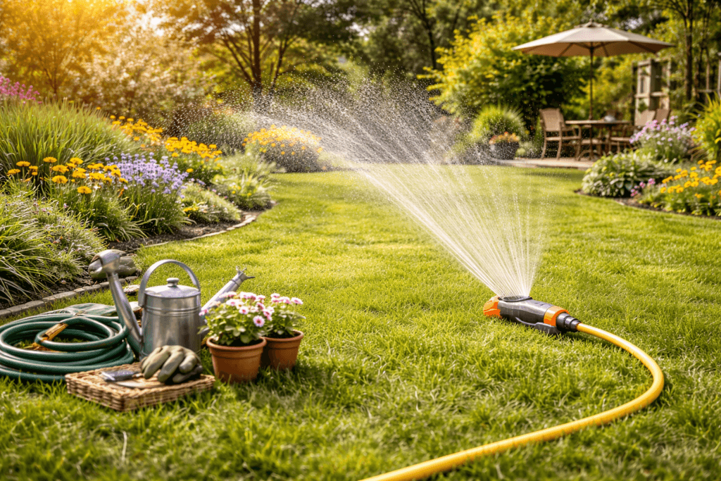 Garten im Frühjahr vorbereiten – Rasen und Pflanzen mit Rasensprenger im Garten bewässern