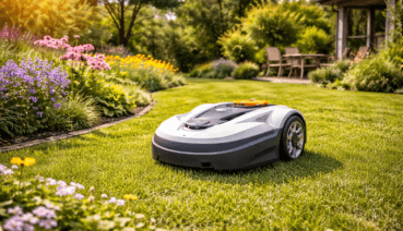 Mähroboter im Garten – moderner Rasenroboter mäht automatisch den gepflegten Rasen im sonnigen Garten