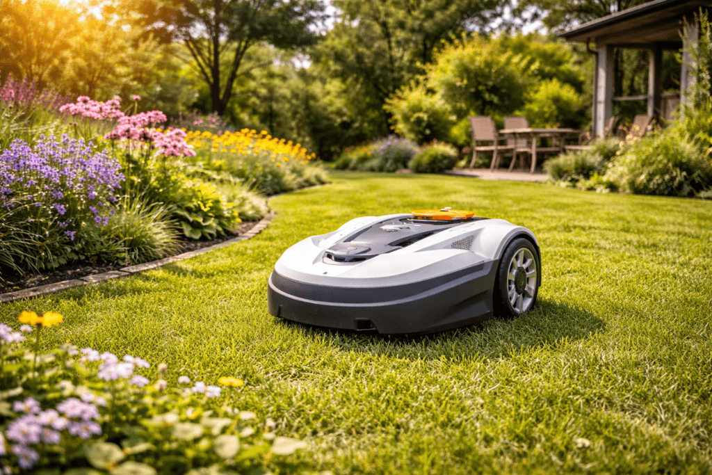 Mähroboter im Garten – automatischer Rasenroboter mäht gleichmäßig den Rasen im gepflegten Garten
