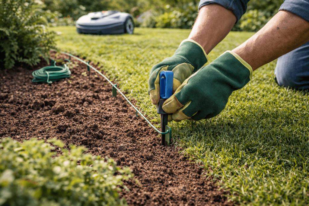 Mähroboter im Garten – Begrenzungskabel entlang der Rasenfläche für den Mähroboter verlegen