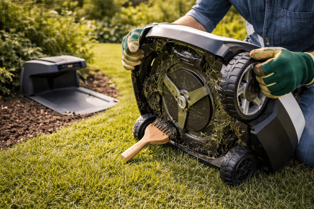 Mähroboter im Garten – Reinigung und Wartung der Messer am Rasenroboter im Garten
