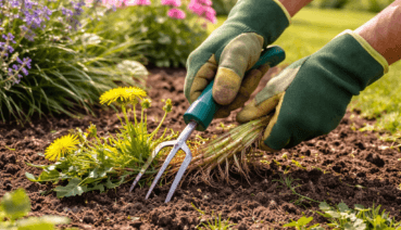 Unkraut entfernen im Garten – Löwenzahn mit Wurzel im Beet mit Handwerkzeug entfernen