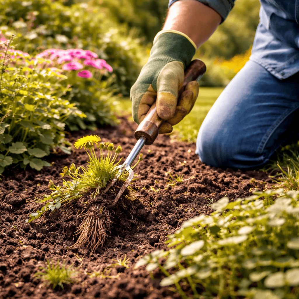Unkraut entfernen im Garten – Löwenzahn mit tiefen Wurzeln im Beet mit Unkrautstecher entfernen