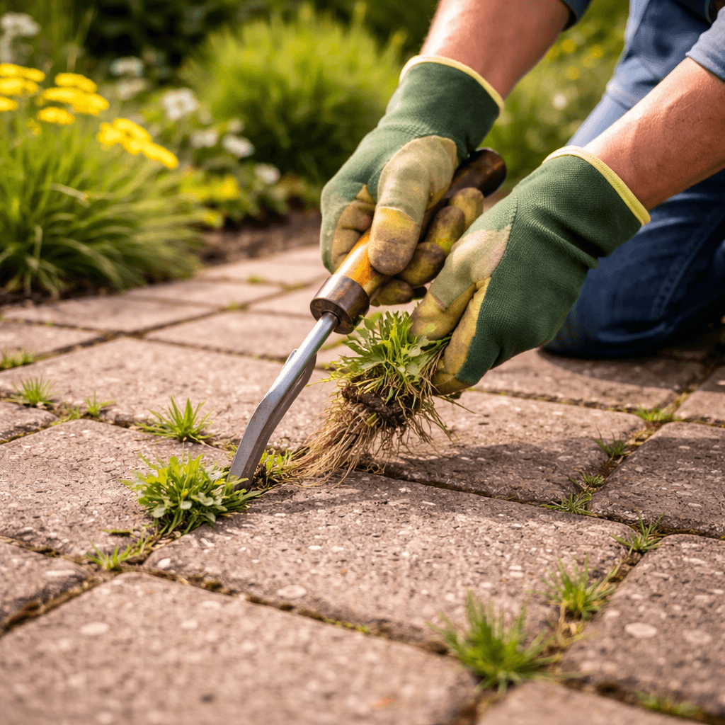 Unkraut entfernen im Garten – Unkraut aus Pflasterfugen mit Fugenkratzer auf Terrasse entfernen