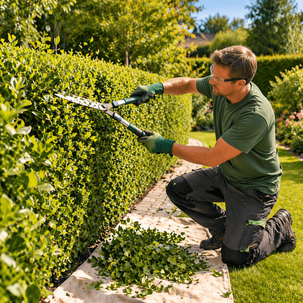 Hecke schneiden im Garten – Hecke mit Handheckenschere gleichmäßig in Form schneiden
