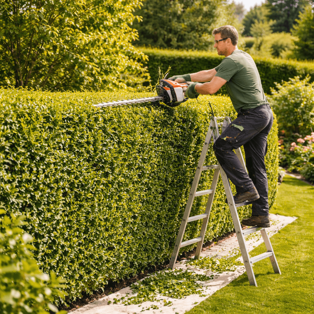 Hecke schneiden im Garten – große Hecke mit elektrischer Heckenschere auf Leiter gleichmäßig schneiden