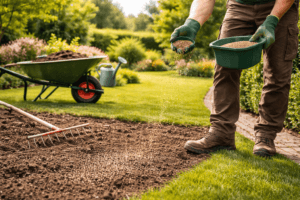 Rasen neu anlegen im Garten – Rasensamen gleichmäßig per Hand auf vorbereitete Fläche ausstreuen