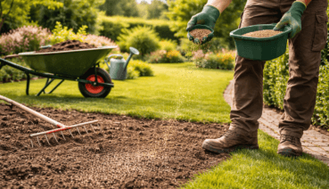 Rasen neu anlegen im Garten – Rasensamen gleichmäßig per Hand auf vorbereitete Fläche ausstreuen