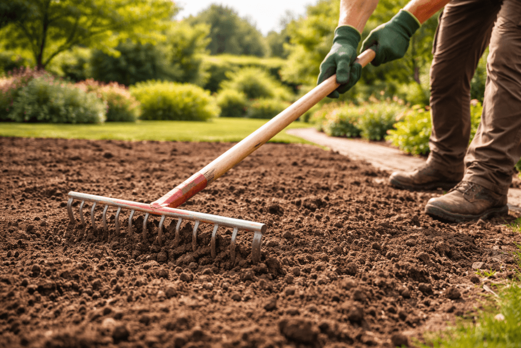 Rasen neu anlegen im Garten – Boden mit Harke lockern und vorbereiten für die Rasenaussaat