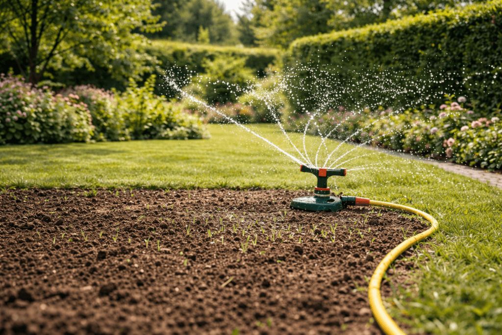 Rasen neu anlegen im Garten – frisch ausgesäter Rasen wird mit Rasensprenger gleichmäßig bewässert
