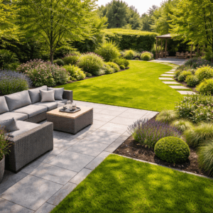 Garten planen und gestalten – moderner Garten mit Terrasse, Rasenfläche und strukturierten Beeten