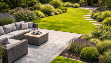 Garten planen und gestalten – moderner Garten mit Terrasse, Rasenfläche und strukturierten Beeten
