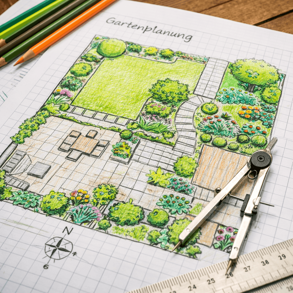 Garten planen und gestalten – Gartenplanung als Skizze mit Aufteilung von Rasen, Terrasse und Beeten