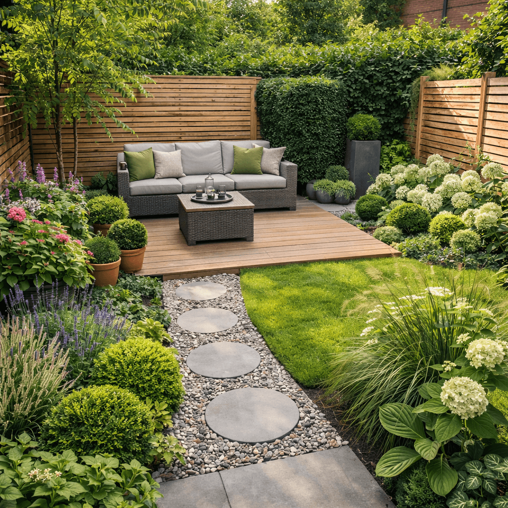 Garten planen und gestalten – kleiner Garten mit Terrasse, Sitzbereich und strukturierter Bepflanzung