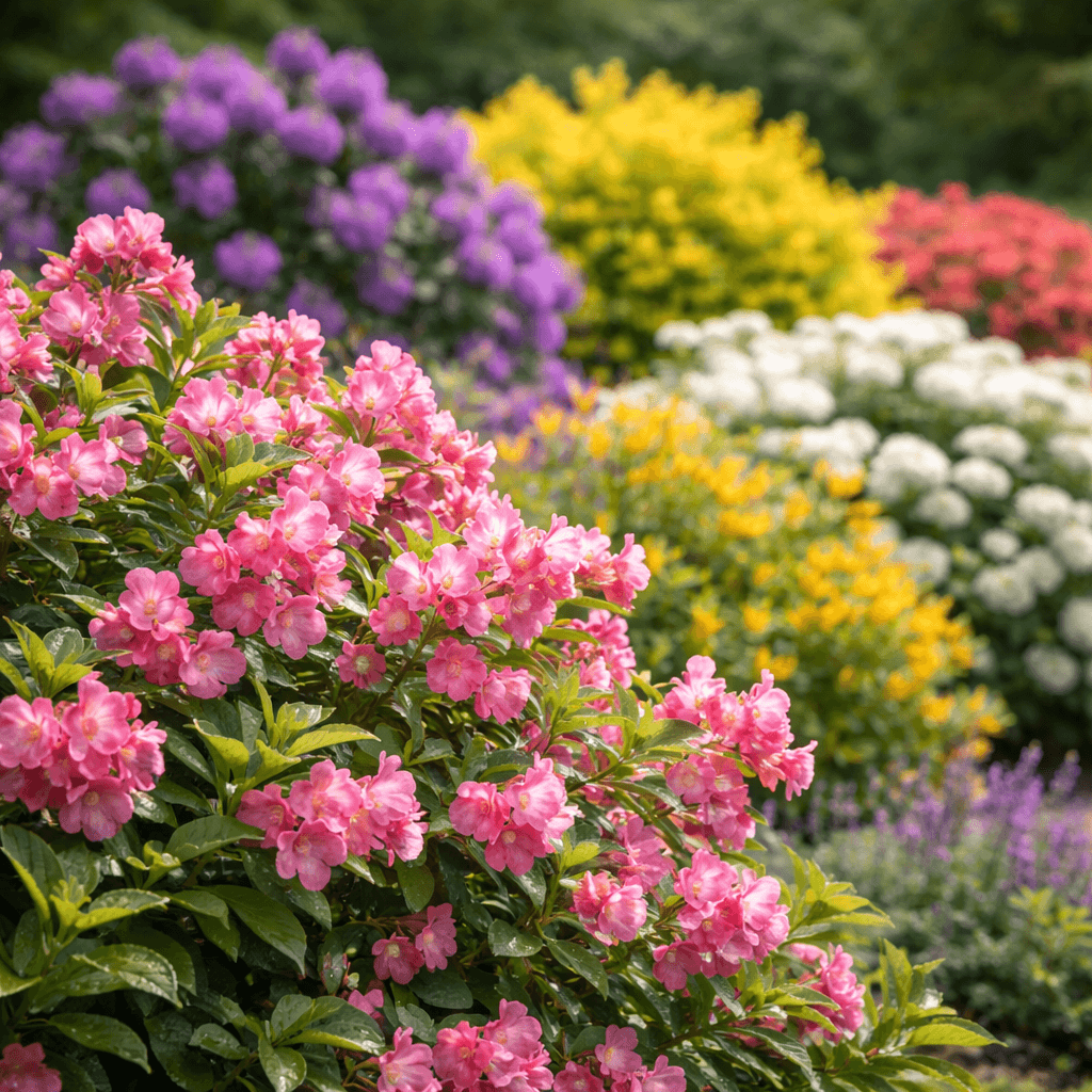 Ziersträucher im Garten – blühende Sträucher in Nahaufnahme mit farbigen Blüten im Garten