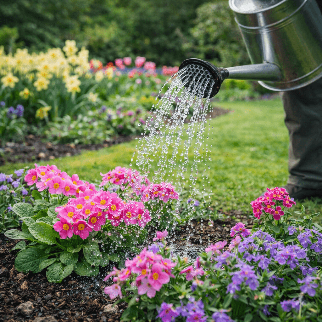 Gartenpflege im Frühling – Blumen im Garten mit Gießkanne bewässern und pflegen